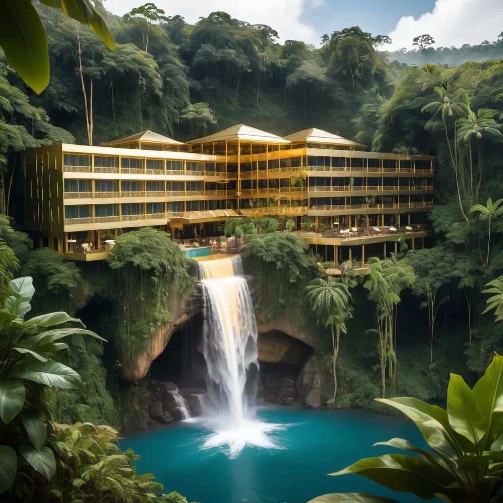 Prompt: a gorgeous gold hotel in a tropical jungle with a waterfall in the background