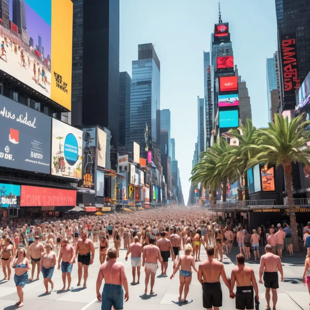 Prompt: Times Square on a summer day with palm trees lining the street, large crowds of people and a sandy beach in the background