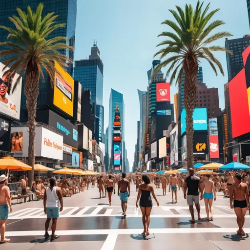 Prompt: Times Square on a summer day with palm trees lining the street, multi-racial people and a beach in the background