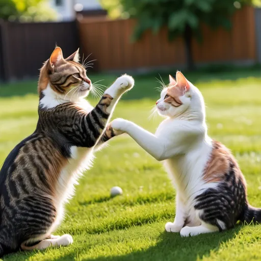 Prompt: a photo of different cats playing with each other in the yard on a summer day