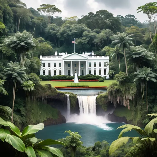 Prompt: the white house in a tropical jungle with a waterfall in the background