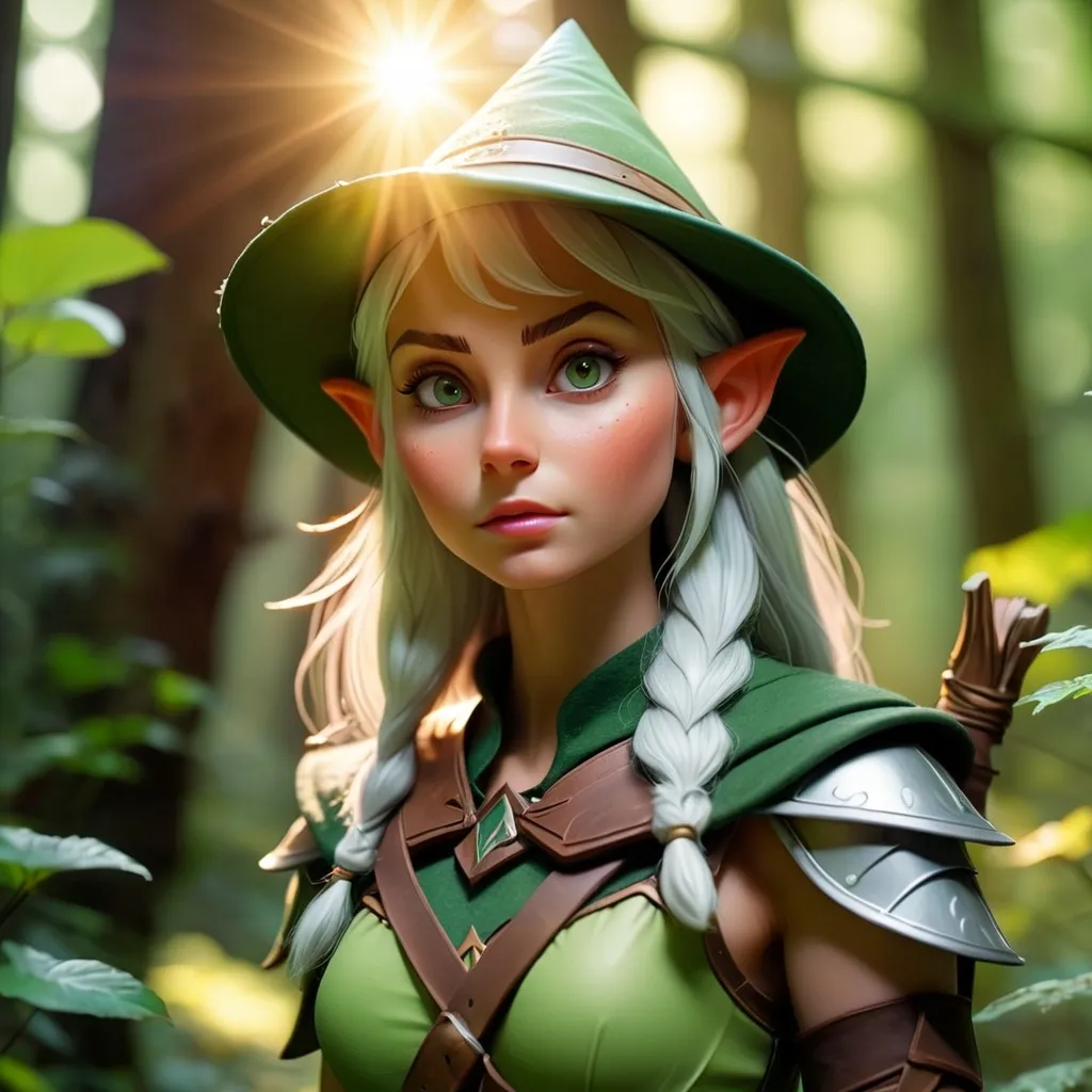 Prompt: Elf ranger in a mystical forest around sunlight