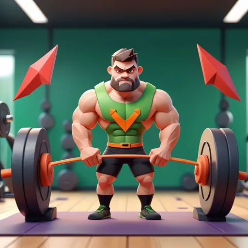 Prompt: weak man in gym cartoon style arrow to strong man logo game 3d lowpoly