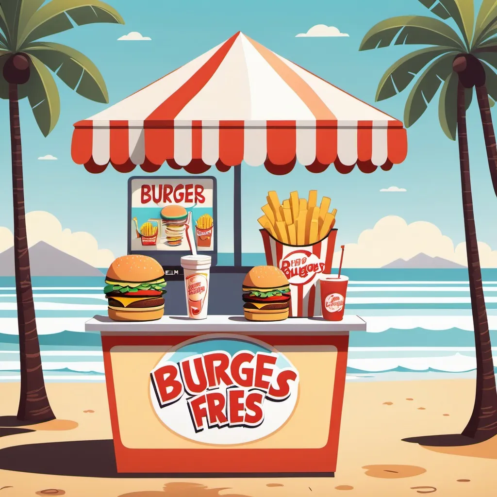 Prompt: A summer stand  poster at the beach, selling, burgers, slushy, and fries, cartoon