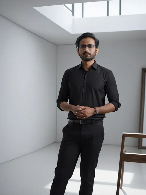 Prompt: (a screenshot), a man standing in a room, wearing a crisp white shirt and sleek black pants, (minimalist) white wall in the background, (dynamic) lighting enhancing the subject, (high depth) visual effects, inspired by Bikash Bhattacharjee, showcasing a fusion of art and realism, (ultra-detailed) capturing the essence of modern aesthetics.