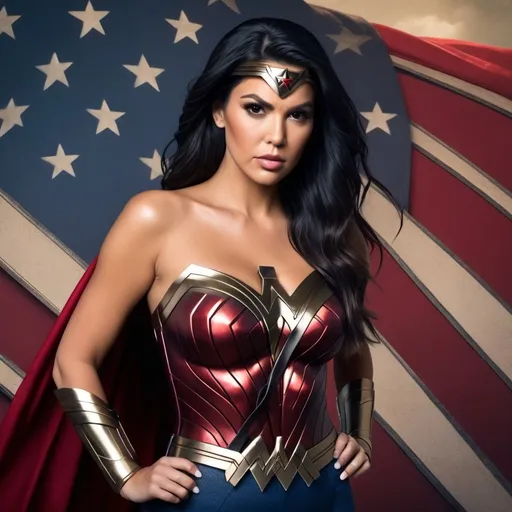 Prompt: Kourtney Kardashian as wonderwoman, realistic cinematic masterpiece