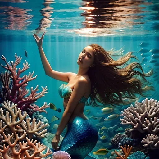 Prompt: Hyperrealistic photograph, Jessica Alba transformed into a mesmerizing mermaid, flowing hair swaying gracefully, underwater currents, vibrant scenery, colorful fish darting playfully, intricate coral reefs, magical underwater world, high quality, hyperrealistic, mesmerizing, vibrant, underwater, flowing hair, colorful fish, coral reefs, magical, detailed, professional photography