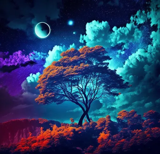 Prompt: Vibrant paradise Nexus Night sky colorful nature and abstract landscape art with tree