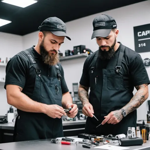 Prompt: Repair technicians of all kinds of vape kits with work clothes