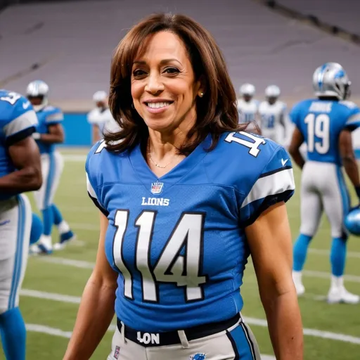 Prompt: kamala harris as a wide receiver on the detroit lions. Her jersey should display the number 14