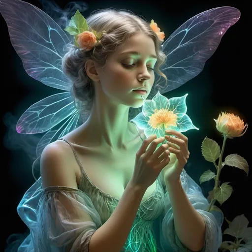 Prompt: Chemiluminescent neon Ephemeral iridescent Smoke fairy smelling a flower X-ray showing intricate internal veins and capillaries of the fairy sitting atop X-ray hand masterpiece 3D shading. 3d render, illustration FULL ZOOMED OUT V IEW sharp details, inspired by Thomas Kinkade, Alphonse Mucha, Magali Villeneuve, Tintoretto, Diego Velázquez, Helen Frankenthale, JB, Waterhouse, Josephine Wall, WLOP