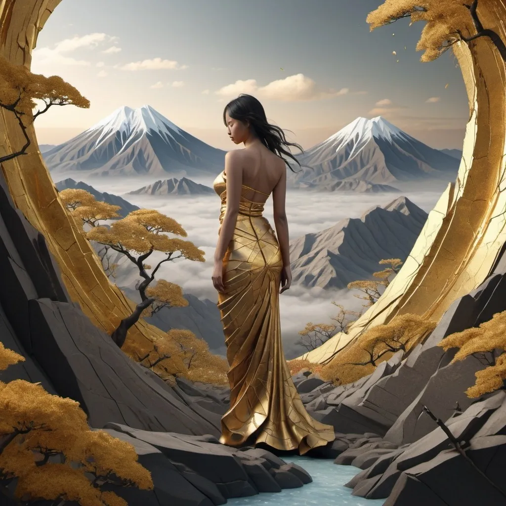 Prompt: A breathtaking digital illustration showcasing a surreal landscape that seems to have shattered from reality. There walks an exotic Hindu Maiden amazing female, detailed, intrinsic, The environment, with its fractured zones, is in the process of being repaired by her with gold-infused adhesive, bridging the gaps, a nod to the Japanese art form of Kintsugi. The repaired areas emit a radiant glow, drawing attention to the intricate details of the relative landscape, which ranges from towering mountains to vast oceans. The 3D render creates an immersive experience, capturing the viewer's imagination and showcasing a truly awe-inspiring, realistic wonder., 3d render, illustration