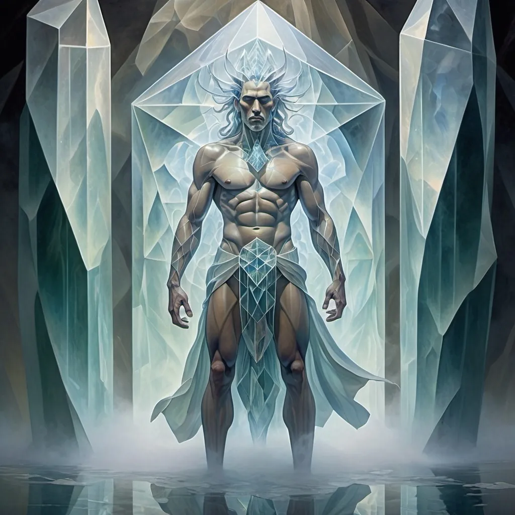 Prompt: Ethereal Crystalline Metamorphosis Cubism, Preserved destiny, an ancient male warrior trapped inside of a huge crystal  mystic fog, Reflections, cell-shaded, Volumetric lighting, Eldritch, Amanda Sage