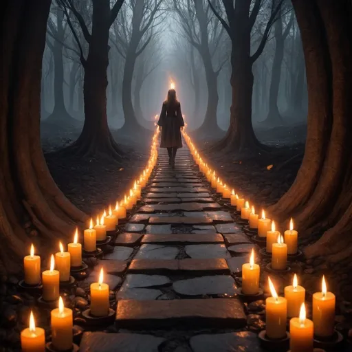 Prompt: Walk between the worlds, bravely down the candle road. 
The light will lead you deep into the core
Move into the center add you sorrow to the coals. 