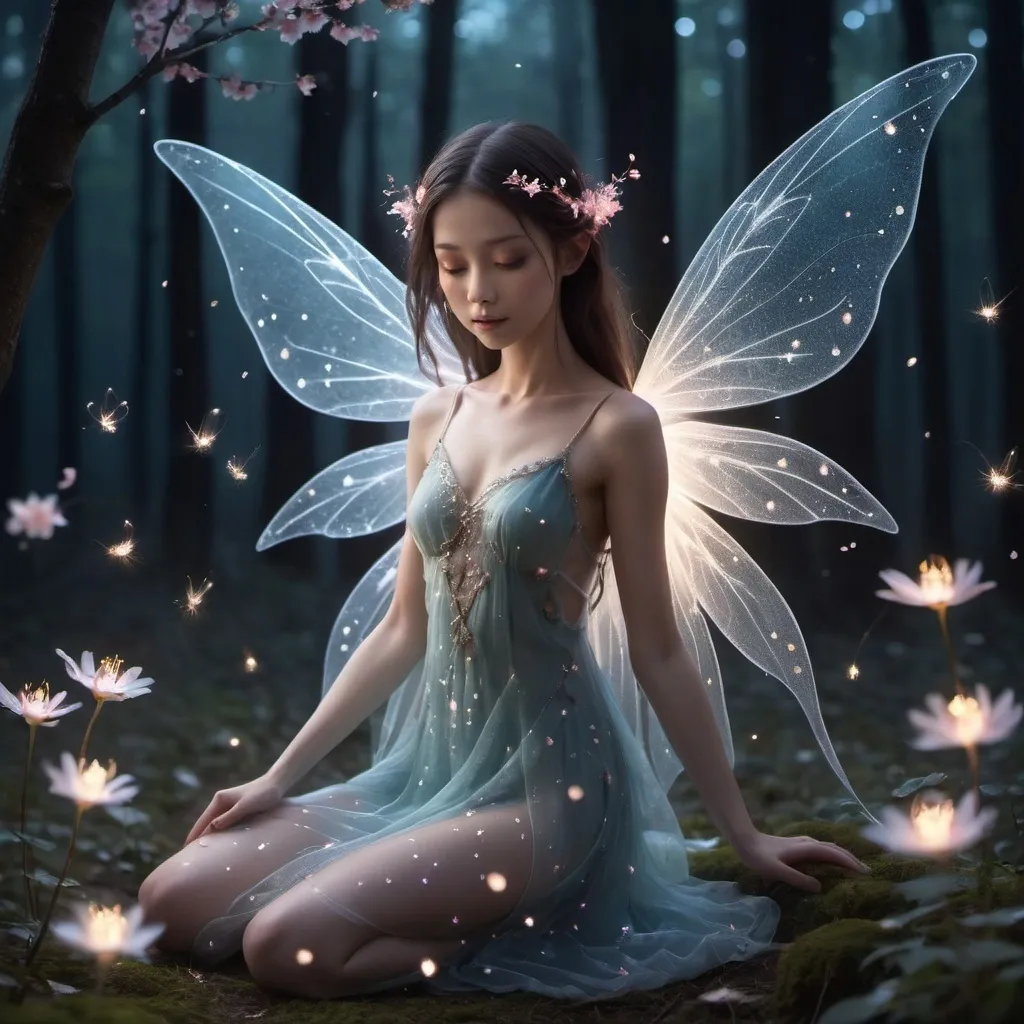 Prompt: Amidst a flurry of falling sakura petals and dancing fireflies, a delicate fairy emerges. Her translucent wings shimmer like a thousand tiny stars, casting an ethereal glow upon the surrounding darkness. Her skin is as pale as moonlight, and her eyes sparkle with an otherworldly incandescence. As she flits through the air, her wings leave a trail of shimmering light, illuminating the night like a miniature constellation. The fairy's presence brings a sense of magic and wonder to the forest, transforming it into a realm of enchantment.