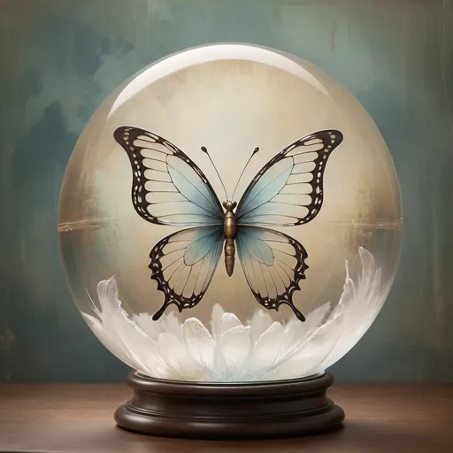 Prompt: A gracefully twirling butterfly, her movements captured within a transparent crystal orb. The dancing butterfly's delicate form is a vision of elegance and poise, her luminescent wings reflecting the soft light that surrounds her. The precision of the butterfly's arabesques and pirouettes is frozen in time, a mesmerizing sight that gives off a sense of ethereal beauty. This image, whether a painting or photograph, radiates a sense of enchantment and artistry that captivates the viewer's gaze.  In Alex Ross Style , Cell-shaded, Jamie Heiden