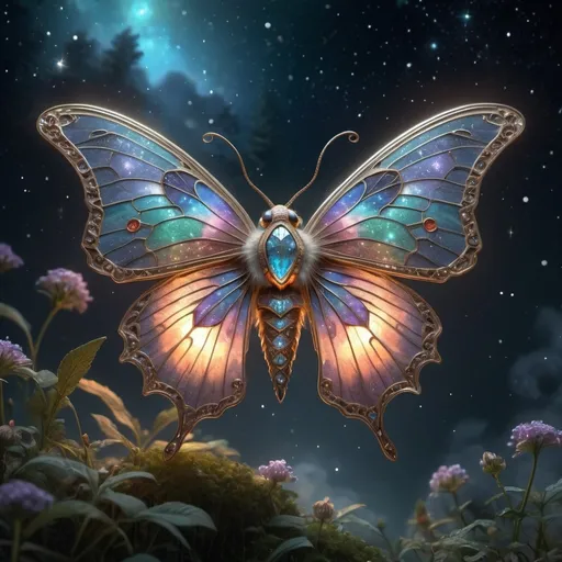 Prompt: A beautiful refined moth carrying the stars on it's wings refined ethereal mysterious dreamlike hyperdetailed intricately detailed magical fantasy, volumetric lighting, beautifully unique masterpiece, 8k sharp focus qualities, ultra detailed, trending on Artstation, dramatic lighting, FULL ZOOMED OUT VIEW hyper detailed illuminated by spotlights, sharp details, vibrant colors, mist and ethereal smoke hyper detailed illuminated by spotlights, sharp details, vibrant colors, inspired by mist Thomas Kinkade, Alphonse Mucha, Magali Villeneuve, Tintoretto, Diego Velázquez, Helen Frankenthale