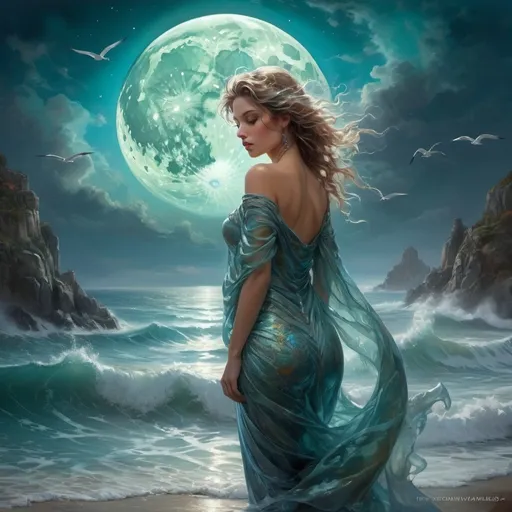 Prompt: Once in the blue moon Double exposure The blue moon rising above the ocean, filled with various stormy ocean scenes with seagulls and merfolk  blue, silver and turquoise green hue by Raymond Swanland :: Anna Dittmann :: Anne Stokes :: Greg Olsen :: vibrant deep colors
 hyper detailed illuminated by spotlights, sharp details, vibrant colors, mist inspired by Thomas Kinkade, Alphonse Mucha, Magali Villeneuve, Tintoretto, Diego Velázquez, Helen Frankenthaler"luminous,, sparkling refined ethereal mysterious dreamlike hyperdetailed intricately detailed magical fantasy, volumetric lighting, beautifully unique masterpiece, 8k sharp focus qualities, ultra detailed, trending on Artstation, dramatic lighting, FULL ZOOMED OUT VIEW hyper detailed illuminated by spotlights, sharp details, vibrant colors, mist and ethereal smoke hyper detailed illuminated by spotlights, sharp details, vibrant colors, inspired by mist Thomas Kinkade, Alphonse Mucha, Magali Villeneuve, Tintoretto, Diego Velázquez, Helen Frankenthale