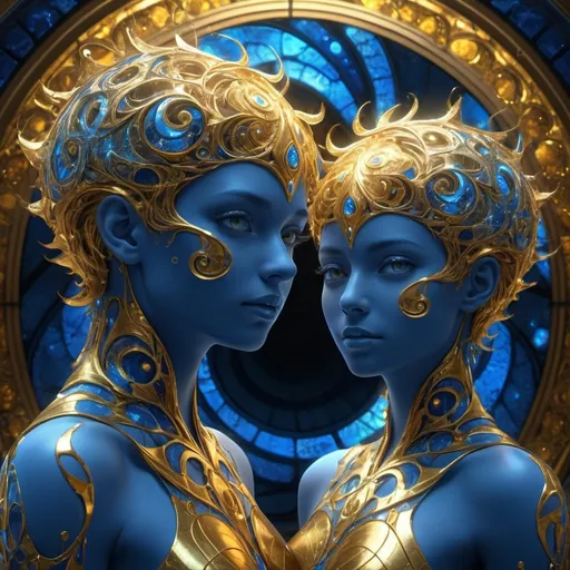 Prompt: Pretty golden blue girl, handsome golden blue boy, spiral backlit fractal shaded detailed matte painting, 8k resolution, deep color, fantastical, intricate detail, fantasy concept art, trending on Artstation, Unreal Engine 5 stained glass, splash screen, complementary colors, professional, art by John Blanche, surreal lighting