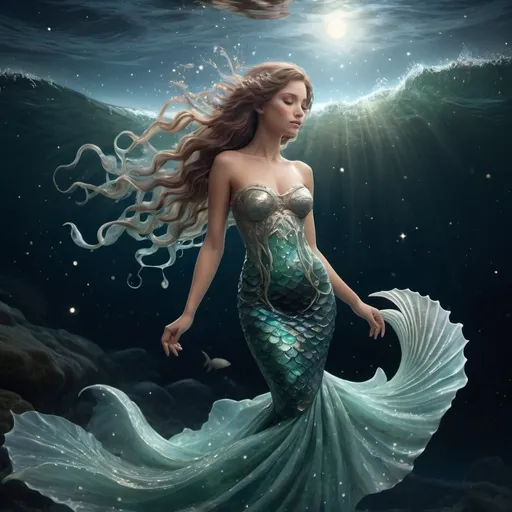 Prompt: Double exposure, ultra-hyper realistic, ultra-detailed, photorealistic, a panorama of seafoam waves coming at night to create an artistic version on the water of a fantasy water mermaid nymph's frontal picture in a  swirling dress of seamoth, the stars are displayed on her dress, starry night, moonbeams  Epic. Fantasy. Cosmic. 16k resolution. Dynamic lighting. 3D shading. Unreal Engine 5.  16k resolution.  inspired by  Thomas Kinkade, Alphonse Mucha, Magali Villeneuve, Tintoretto, Diego Velázquez, Helen Frankenthale