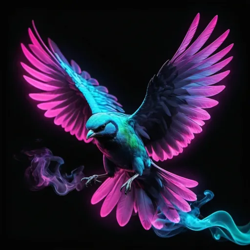 Prompt: Leaping off the edge,
birds fall freely from the sky. Fearless wings in flight.
Chemiluminescent neon Ephemeral iridescent Smoke