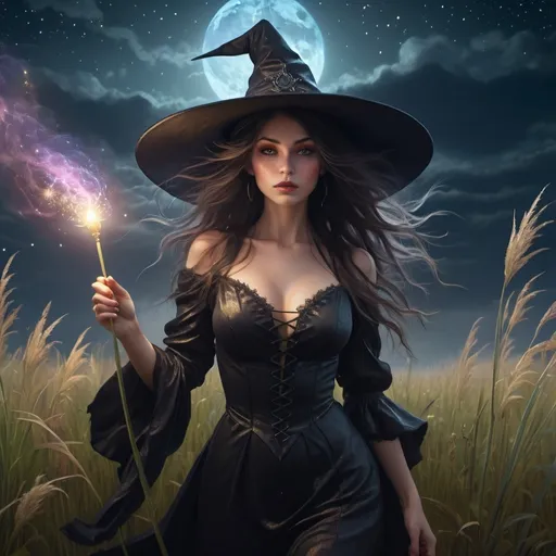 Prompt: Gorgeous Witch walking amidst tall grass on a dark windy night, full long wild hair, wearing a witch’s hat, goth aesthetic, magical sparks floating around her, starry night sky, magic, highly detailed, intricate motifs, organic tracery, perfect 
volumetric lighting, beautifully unique masterpiece, 8k sharp focus qualities, ultra detailed, trending on Artstation, dramatic lighting, FULL ZOOMED OUT VIEW illuminated by spotlights, vibrant colors, mist and ethereal smoke hyper detailed sharp details, inspired by mist Thomas Kinkade, Alphonse Mucha, Magali Villeneuve, Tintoretto, Diego Velázquez, Helen Frankenthale