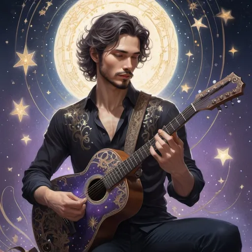 Prompt: Create an epic portrait of a handsome guitar player man, wearing black shirt and black trousers.  made of stars and starlight, by magali villeneuve, artgerm, rossdraws, fantasy, fine details, shiny, intricate motifs, organic tracery, perfect composition, digital painting, artstation, concept art, smooth, sharp focus, illustration, carne griffiths, pixar, victo ngai, jean baptiste monge, shiny aura, intricate, highly detailed, digital painting, artstation, smooth, sharp focus, illustration, Melancholic and dreamy soft light shining through clouds. Glittering stardust and nebulae in the background. Vibrant blue and purple hues with golden and silver accents strengthening the ethereal quality. Intricate and delicate celestial filigree, elabore texture, luminous auras, majestic female form with flowing gown made of light. Shimmering star patterns in the hair. Magali Villeneuve, Artgerm, Rossdraws, fantastical imagery, fine de