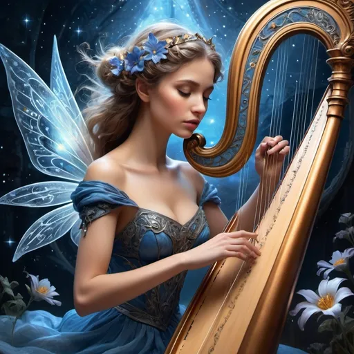 Prompt: a stunning fantasy-style oil illustration with elements of musical notes and ancient program code smoke patterns. A close-up of an elegant fantasy-styled beautiful female Fairy floral behind In ecstasy plays on harp which a double exposure of Stunning starry sky. Fantasy-styled charming fairy in blue outfit. The Fairy plays the harp emotionally. Voluminous surround lighting, deep contrasting shadows. A complex mixed technique of painting. Concept art of the highest quality. Epic cinematic dramatic atmosphere, stunning matte painting Fantasy core by JB, Waterhouse, Josephine Wall, WLOP, perfect Wide long shot visual @ArtAIJB masterpiece deep color,  intricate detail, splash screen,, fantasy concept art, 8k resolution Unreal Engine 5  Dynamic lighting. 3D shading.  Rage   trending on Art station complementary colors,  3d render, illustration FULL ZOOMED OUT VIEW sharp details, inspired by Thomas Kinkade, Alphonse Mucha, Magali Villeneuve, Tintoretto, Diego Velázquez, Helen Frankenthale