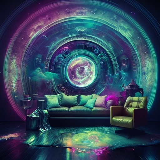 Prompt: The cosmos in the living room, swirling, luminous mist long exposure, dramatic, stormy, mysterious, epic, HDR with intricate details. Perfect composition. Epic Glitch art, distortion holographic astral cosmic illustration, ethereal fantasy hyper-detailed mist mixed media.