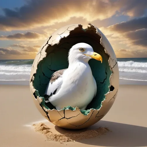 Prompt: Digital artwork featuring a large, cracked, and hollow egg  Seagulls  Inside of the cracked shell, contrast of white and dark brown sand, blue sky and harsh green waves The sky is filled with soft, golden clouds, suggesting either sunrise or sunset.