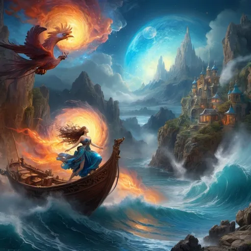 Prompt: Elements: old cloud man air blowing gust of wind, burning phoenix of fire, beautiful water lady in striking blue, facing each other creating planet Earth Fantasy core  by JB, Waterhouse, Josephine Wall, WLOP,  perfect Wide long shot visual @ArtAIJB masterpiece deep color, fantastical, intricate detail, splash screen, complementary colors, fantasy concept art, 8k resolution trending on Artstation Unreal Engine 5 intricately detailed magical fantasy, volumetric lighting, beautifully unique masterpiece Dynamic lighting. 3D shading. Unreal Engine 5. . Rage deep color, fantastical, intricate detail, fantasy concept art, trending on Art station, Unreal Engine 5 , splash screen, complementary colors, professional, surreal lighting 3d render, illustration FULL ZOOMED OUT VIEW illuminated by spotlights, vibrant colors, mist and ethereal smoke hyper detailed sharp details, inspired by mist Thomas Kinkade, Alphonse Mucha, Magali Villeneuve, Tintoretto, Diego Velázquez, Helen Frankenthale