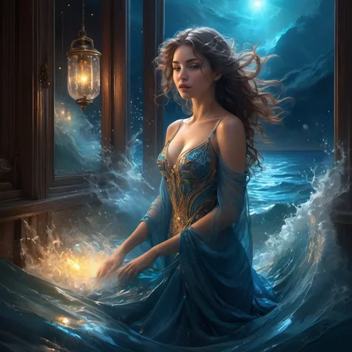 Prompt: May your love for me be
like the scent of the evening sea
drifting in through a quiet window so I do not have to run
or chase or fall ... to feel you
all I have to do is breathe. crystal clear, extreme contrast, VFX fine art, ultra CGI rendering, 16K, 3D, hdr, vibrant, fantasy core, magical, hyperdetailed, concept art vibrant, hyper realistic, detailed, duality, contrast gold mist, swirling lights in blue, ethereal,, vibrant deep colors hyper detailed illuminated by spotlights, sharp details, vibrant colors, mist inspired by Thomas Kinkade, Alphonse Mucha, Magali Villeneuve, Tintoretto, Diego Velázquez, , Alena aenami style,