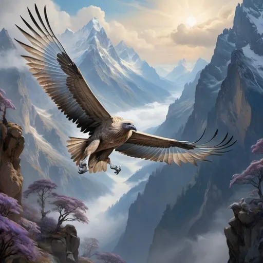 Prompt: Himalayan Griffon  vulture gliding  high between the mountains Grey and white feathers holographic, blue hue Ephemeral iridescent Smoke Ethereal dark glowing aura, whimsical and enchanting, fantasy, fantastical, dark vibrant colors, gloomy and warm lighting masterpiece 3D shading. 3d render, illustration FULL ZOOMED OUT V IEW sharp details, inspired by Thomas Kinkade, Alphonse Mucha, Magali Villeneuve, Tintoretto, Diego Velázquez, Helen Frankenthale, JB, Waterhouse, Josephine Wall, WLOP