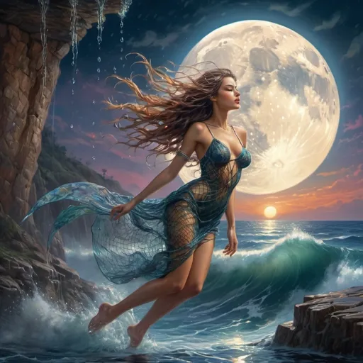 Prompt: Beautiful Goddess diving off cliff into ocean. Full moon. Water droplets on tanned skin. Hair wet. cinematic quality.  Intricate fish net dress. Long wet hair. vibrant colors intricate background patterns, ultra-detailed, 4K.hyper detailed illuminated by spotlights, sharp details, vibrant colors, mist inspired by Thomas Kinkade, Alphonse Mucha, Magali Villeneuve, Tintoretto, Diego Velázquez, Raymond Swanland , Anna Dittmann, Anne Stokes, Greg Olsen