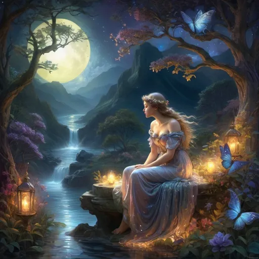 Prompt: THE ENCHANTING WHISPERS OF NATURE IN THE MOONLIGHT
Ethereal dark glowing aura, whimsical and enchanting, fantasy, fantastical, dark vibrant colors, gloomy and warm lighting masterpiece 3D shading. 3d render, illustration FULL ZOOMED OUT V IEW sharp details, inspired by Thomas Kinkade, Alphonse Mucha, Magali Villeneuve, Tintoretto, Diego Velázquez, Helen Frankenthale, JB, Waterhouse, Josephine Wall, WLOP