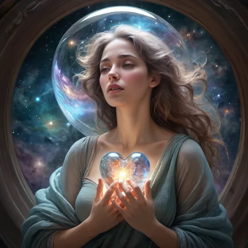 Prompt: A woman made of transparent glass, inside her there is a universe that disappears. She's crying. She carries a heart of Earth wrapped in cloths made from nebulae. The heart is transparent and inside it there is a big bang starting 3D shading. 3d render, illustration FULL ZOOMED OUT VIEW sharp details, inspired by Thomas Kinkade, Alphonse Mucha, Magali Villeneuve, Tintoretto, Diego Velázquez, Helen Frankenthale, JB, Waterhouse, Josephine Wall, WLOP