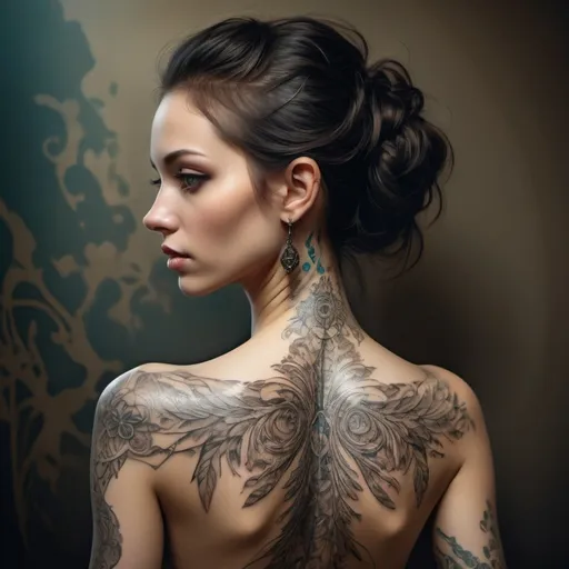 Prompt: A woman with long, sleek limbs and mysterious tattoos that seem to convey ancient wisdom. This enigmatic being is captured in a high-quality image, possibly a painting. Its slender figure exudes an air of elegance and grace, with intricate designs adorning its skin. The image is rich in detail, showcasing the creature's intricate tattoos and captivating presence. The quality of the image highlights every intricate detail, making it a truly mesmerizing depiction of this mysterious being. Fine details, double exposure, fantasy, magical, high quality printing, fine art, 32k uhd, baroque exaggeration, translucent photorealistic, hyperdetailed, haunting, magical, rich vibrant and opalescent colors .3d max projecting, ue5, imax, zbrush, raw, ray-tracing. by Russ Mills  In Alex Ross Style , Cell-shaded, Jamie Heiden