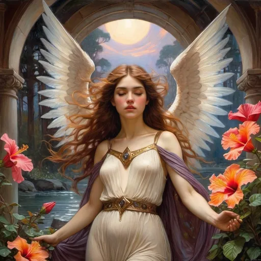 Prompt: (William Waterhouse oil painting), (ethereal angel), beautiful fairy, Chromatic Surrealism, opening hibiscus bud Luminous Fractalia triangular shapes, fishangle lensvibrant, hyper realistic, detailed, duality, contrast mist, swirling. ethereal,, vibrant deep colors hyper detailed illuminated by spotlights, sharp details, vibrant colors, inspired by Thomas Kinkade, Alphonse Mucha, Magali Villeneuve, Tintoretto, Diego Velázquez, Omar Galliani realistic, detailed image, high resolution Painting, illustration, vibrant, cinematic, (William Waterhouse oil painting),Anton Pieck Fusion of (Dark Star Cho'gath) and (Aurelian Sol)