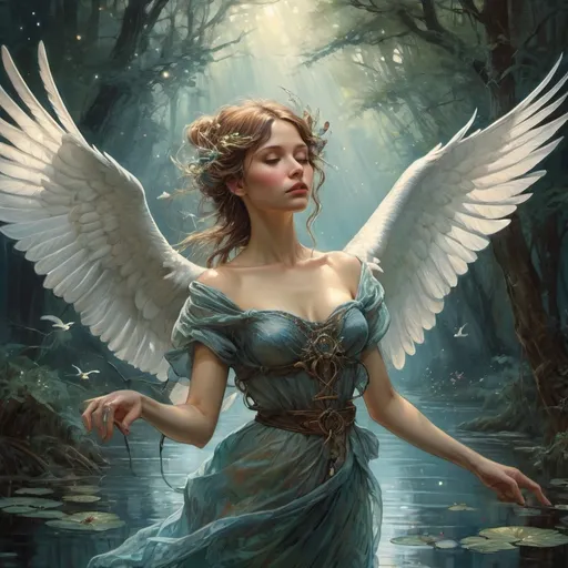 Prompt: Soar to the sky of emptiness,
Fly like a swan in flight.
This is the art of mindfulness;
The path is full of light. bioluminescent, intricate details, hyper detailed, Jean Baptiste Monge, Carne Griffiths, Michael Garmash, Seb McKinnon, masterpiece 3D shading. 3d render, illustration FULL ZOOMED OUT VIEW sharp details, inspired by Thomas Kinkade, Alphonse Mucha, Magali Villeneuve, Tintoretto, Diego Velázquez, Helen Frankenthale, JB, Waterhouse, Josephine Wall, WLOP