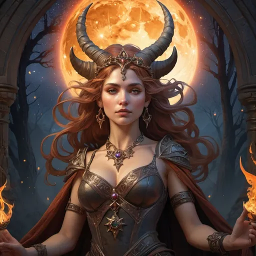 Prompt: Queen of the stars, Queen of the moon, Queen of the horns, Queen of fire Harken to this Witches rune, Work our will as we desire

Fantasy core deep color, intricate detail, , fantasy concept art, 8k resolution Unreal Engine 5 Dynamic lighting. 3D shading. 3d render, illustration FULL ZOOMED OUT VIEW sharp details, inspired by Thomas Kinkade, Alphonse Mucha, Magali Villeneuve, Tintoretto, Diego Velázquez, Helen Frankenthale, JB, Waterhouse, Josephine Wall, WLOP