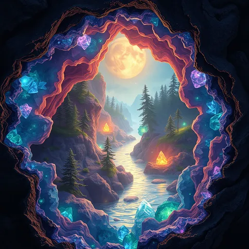 Prompt: Create a geode, magical crystals inside of the geode creating a surreal landscape of rivers and trees
chemiluminescent, glowing vivid colours, ethereal, divine lighting fine art masterpiece, luminous textures, intricate details, vibrant color palette, dynamic composition detailed background high artistic quality, 4K resolution. magical, high quality printing, fine art, 32k uhd, translucent photorealistic, hyperdetailed, haunting, magical, rich vibrant and opalescent colors .3d max projecting, ue5, imax, zbrush, raw, ray-tracing. In Alex Ross Style, Jamie Heiden, Frank Frazetta, Alan Lee Julie Bell, Luis Royo, Thomas Canty