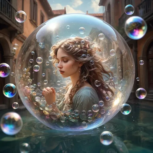 Prompt: Double exposure, in a dream we can fly Memory bubbles. Double exposure, swirling memory fragments floating inside of soap water bubbles Fantasy core  deep color, intricate detail, , fantasy concept art, 8k resolution Unreal Engine 5 Dynamic lighting. 3D shading. 3d render, illustration FULL ZOOMED OUT VIEW sharp details, inspired by Thomas Kinkade, Alphonse Mucha, Magali Villeneuve, Tintoretto, Diego Velázquez, Helen Frankenthale, JB, Waterhouse, Josephine Wall, WLOP,