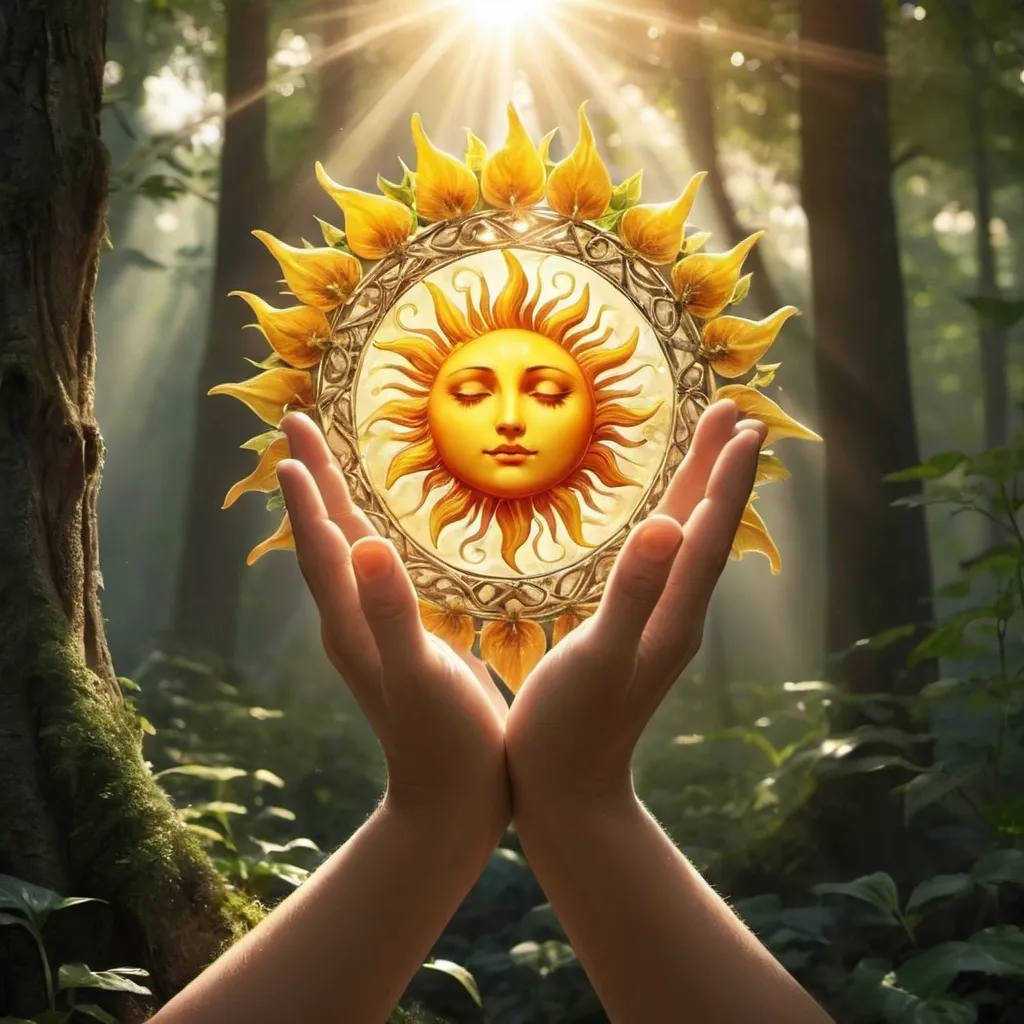 Prompt: The sun, the earth, the hand that planted; 
The sun, the earth, the hand that reaped.
The sun, the earth, the hand that feeds us; 
The sun, the earth, these hands be blessed The fairy's presence brings a sense of magic and wonder to the forest, transforming it into a realm of enchantment.