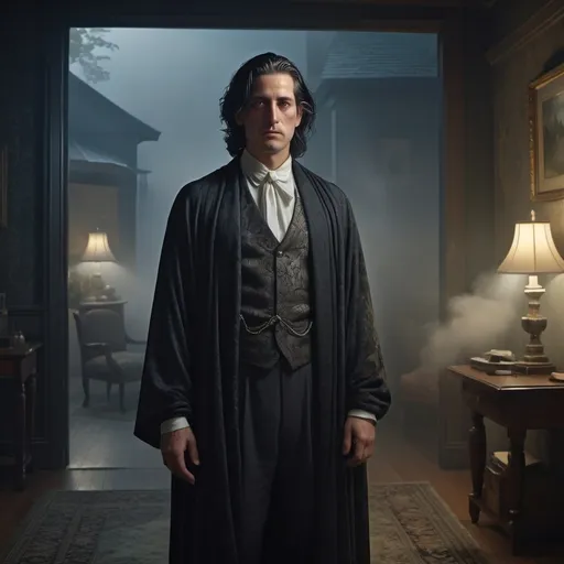 Prompt: Regulus Black stands proudly, dressed in dignified attire, against a dimly lit, ornate backdrop with ethereal fog swirling around his feet, evoking a sense of mystique, his facial features sharp, angular, and defined, with every strand of hair, every crease, and fold of fabric intricately rendered, as if captured by a 64-megapixel camera, infused with the dramatic, high-contrast flair of Gregory Crewdson's cinematography, the atmospheric depth of Noe Alonzo's moody portraiture, and the hyperrealistic precision of Ian McQue's digital artistry.