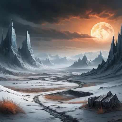 Prompt: A hauntingly serene, digitally painted illustration of a post-apocalyptic, ice-encrusted planet Earth, devoid of any signs of life, with a thick layer of frost and snow covering the once-lush landscapes, and eerie, dark grey clouds shrouding the horizon, casting an ominous, orange-tinged glow on the desolate, barren terrain, with the faint, foggy outlines of frozen mountains and glaciers in the distance, and the remnants of crumbling, snow-covered cityscapes in the foreground, with jagged, icy peaks and frosty, abandoned streets, roads, and buildings, all bathed in a cold, melancholic, blue-grey light, evoking a sense of loneliness and abandonment, as if the planet has been frozen in time.