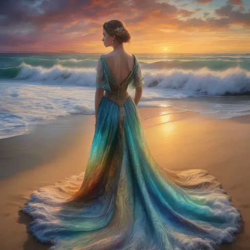 Prompt: ultra-hyper realistic, ultra-detailed, photorealistic, a panorama of seafoam waves coming ashore at sunset to create an artistic version on the sand of a lady in a large swirling dress standing on the beach Just after sunset, vibrant colours, Josephine Wall, captivating masterpiece, one of a kind, ultra-hyper realistic, HDR, UHD with intricate details ,overall it must be with golden ratio as proportions and aesthetic, magic, highly detailed, intricate motifs, perfect volumetric lighting, beautifully unique masterpiece, 8k sharp focus qualities, dramatic lighting, FULL ZOOMED OUT VIEW illuminated by spotlights, vibrant colors, mist and ethereal smoke hyper detailed sharp details, inspired by mist Thomas Kinkade, Alphonse Mucha, Magali Villeneuve, Tintoretto, Diego Velázquez, Helen Frankenthale