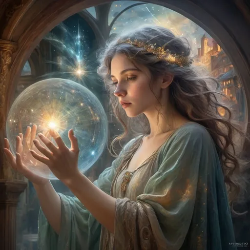 Prompt: echoes of the past, present and future. Ethereal projections from wizard casting a spell. Echoes of past present and future. Double exposure FULL ZOOMED OUT V IEW sharp details, inspired by Thomas Kinkade, Alphonse Mucha, Magali Villeneuve, Tintoretto, Diego Velázquez, JB, Waterhouse, Josephine Wall, WLOP