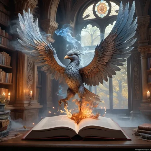 Prompt: A magical book, when you write on it, turns to reality by ethereal smoke. The smoke taking shape of a majestic mythical bird mesmerize their fly on wings  Fantasy core by JB, Waterhouse, Josephine Wall, WLOP, perfect Wide long shot visual @ArtAIJB masterpiece deep color,  intricate detail, splash screen,, fantasy concept art, 8k resolution Unreal Engine 5  Dynamic lighting. 3D shading.  Rage   trending on Art station complementary colors,  3d render, illustration FULL ZOOMED OUT VIEW sharp details, inspired by Thomas Kinkade, Alphonse Mucha, Magali Villeneuve, Tintoretto, Diego Velázquez, Helen Frankenthale