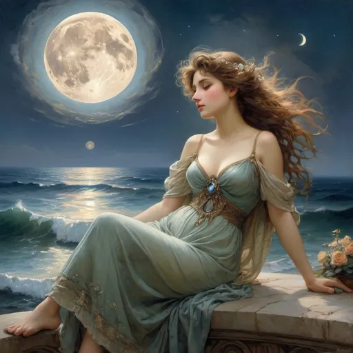 Prompt: I once held hand with the Moon. Resting upon His crescent, hovering above the sea. His eyes clear as the ocean and as beautiful as the brightest sapphire. FULL ZOOMED OUT VIEW Thomas Kinkade, Alphonse Mucha, Magali Villeneuve, Tintoretto, Diego Velázquez, Helen Frankenthale