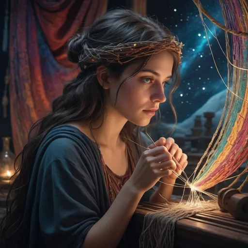 Prompt: Athena sits at her heavenly loom, threads of starlight and stardust entwining her skilled hands, as she weaves an ethereal passage where gods and celestial beings soar, amidst a swirling vortex of iridescent colors and shimmering textiles. Soft luminescent glow emanates from glowing threads, casting an otherworldly light on her serene face, her eyes fixed intently on the fabric of the cosmos. Rich velvety darkness of the divine atelier contrasts with the vibrant colors of the tapestry, hyperrealistic textures of the loom and threads evoke a sense of palpable reality.  cinematic lighting with deep shadows and radiant highlights, sharp focus, and a heightened sense of depth, Channeling the dramatic flair of Ash Thorp, the mystical atmosphere of Simon Stalenhag, and the intricate details of Ian McQue.